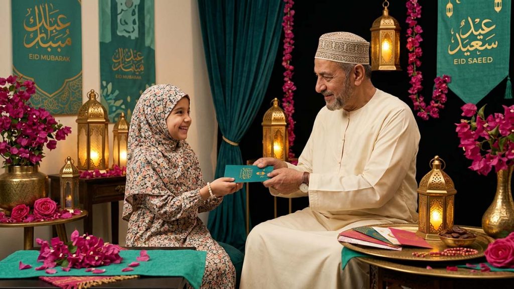 A Muslim elder giving Eid Money Envelopes to a child, the tradition of Eidi