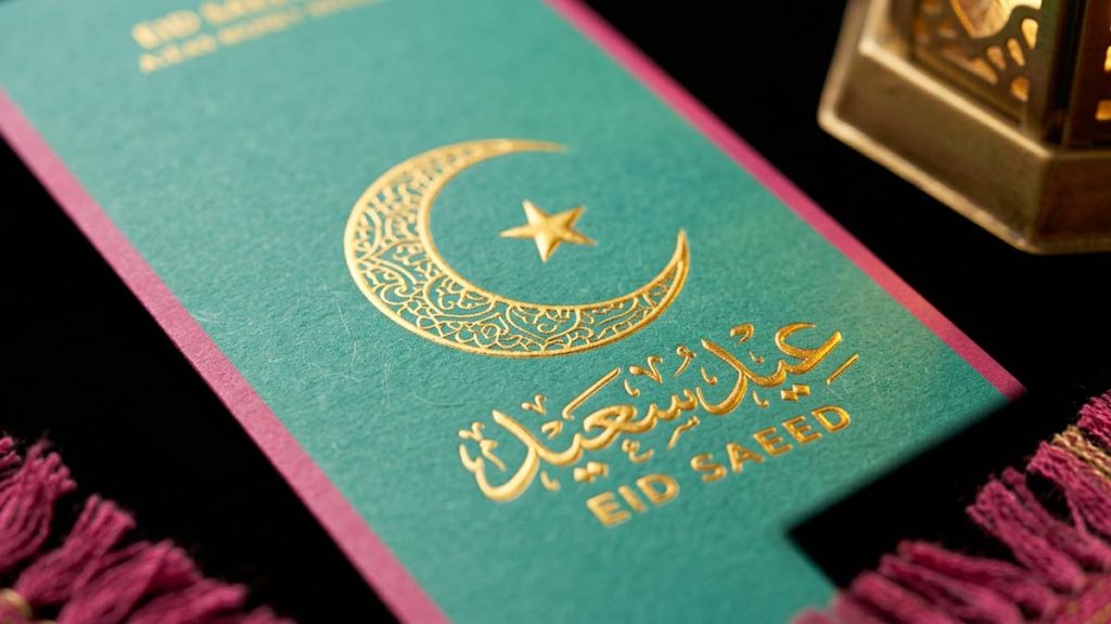 Close detail of Eid Money Envelopes with a gold crescent design