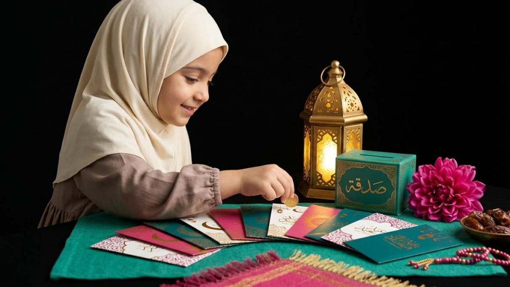 A Muslim child with Eid Money Envelopes, learning generosity