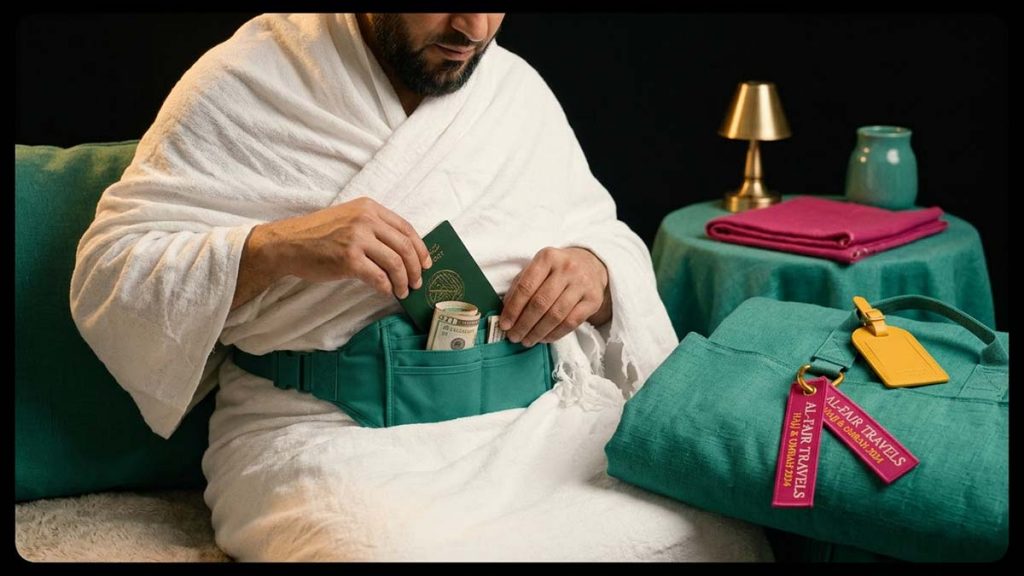 A Muslim pilgrim securing valuables Muslim Essentials
