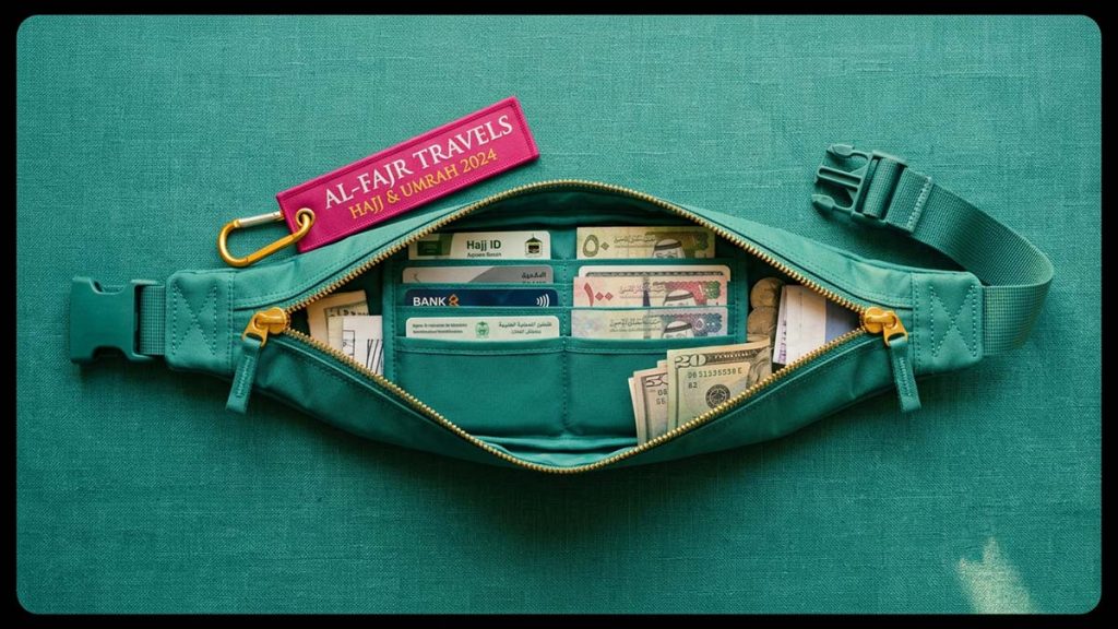 A Hajj and Umrah Belt showing zipped compartments with cards and notes