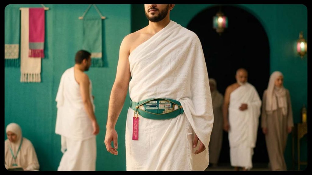 A Muslim pilgrim wearing a Hajj and Umrah Belt over ihram