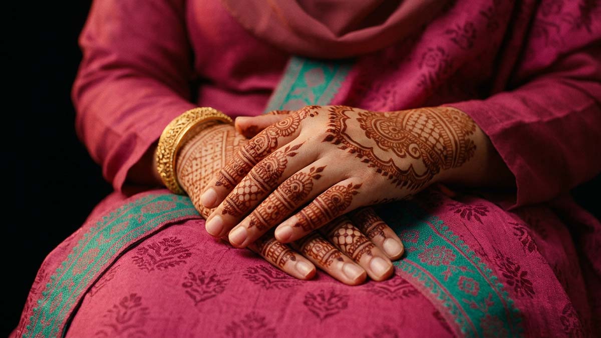 Intricate Henna designs on hands resting on magenta fabric, a beloved body art in Islam