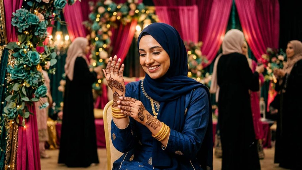A Muslim woman with Henna-decorated hands and gold bangles at a celebration