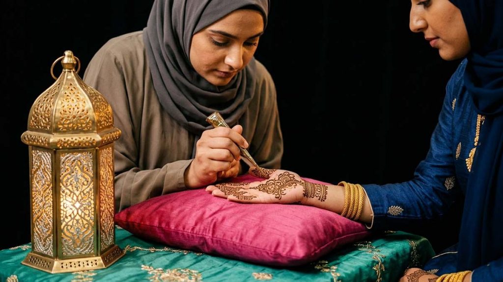 A delicate floral Henna pattern being piped onto a palm