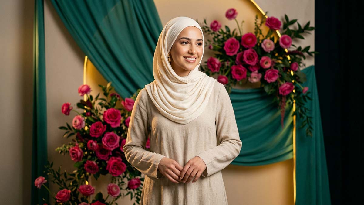 A Muslim woman wearing a beautifully draped Hijab, a modest head covering