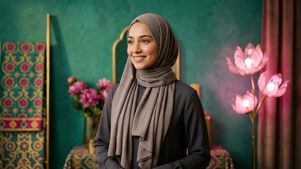 A Muslim woman showing the elegant drape of her Hijab
