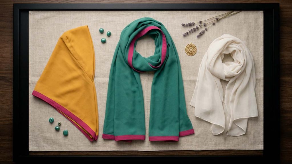 Different types of Islamic Hijab and veil laid out