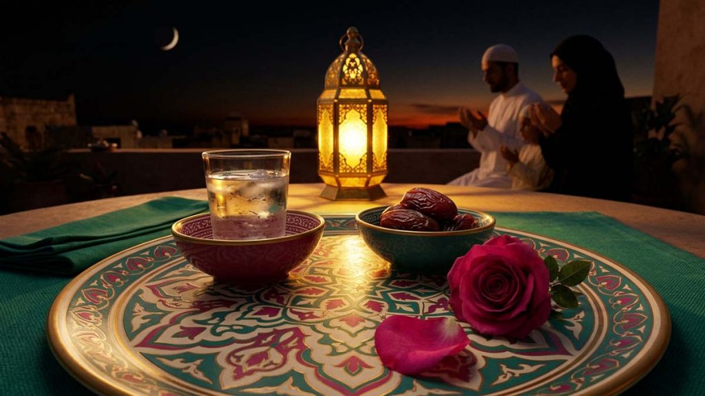 An Iftar Tray with dates and water at sunset, opening the fast
