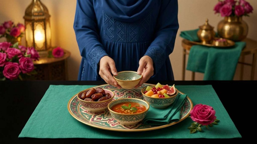 A Muslim woman setting a beautiful Iftar Tray