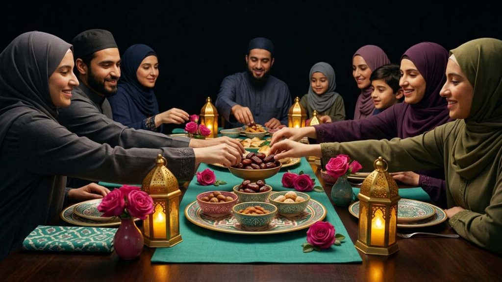 A Muslim family sharing an Iftar Tray at dusk