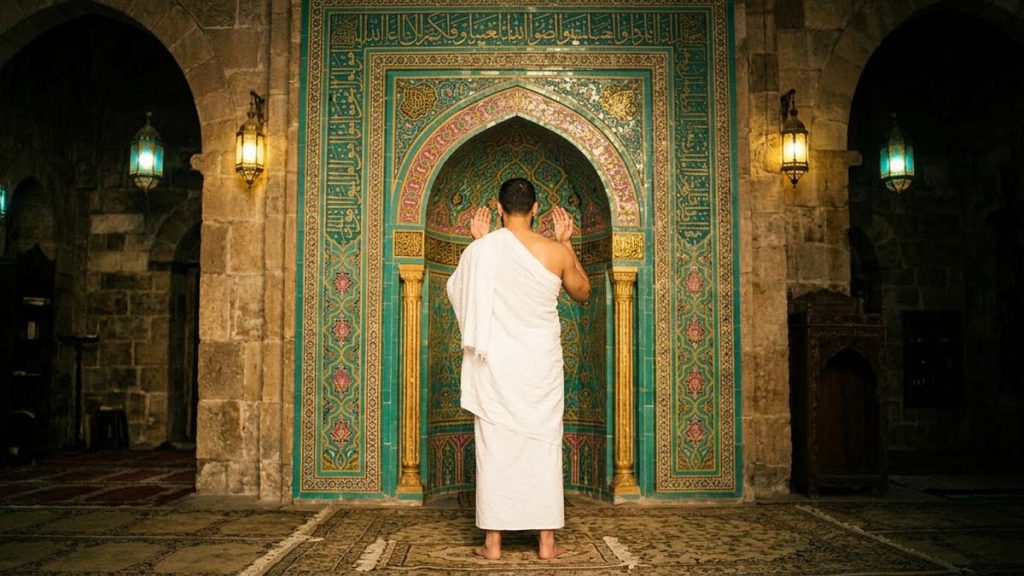 A Muslim man in white Ihram standing in prayer