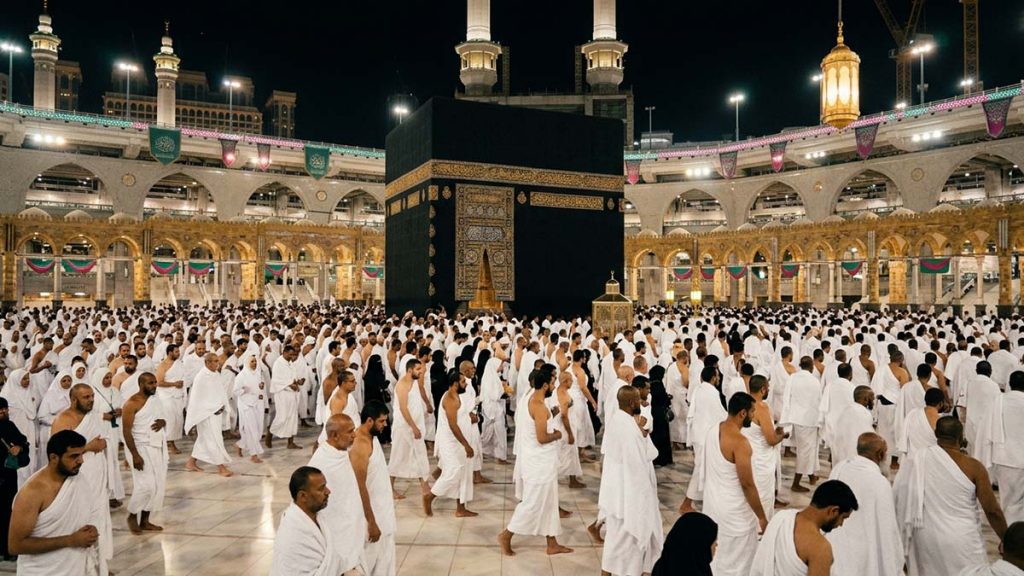 Muslim pilgrims in white Ihram around the Kaaba, symbolising equality