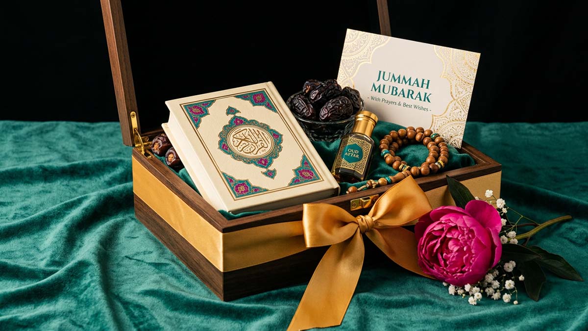 A luxurious Islamic Gift Box with a Quran, dates, attar and a tasbih