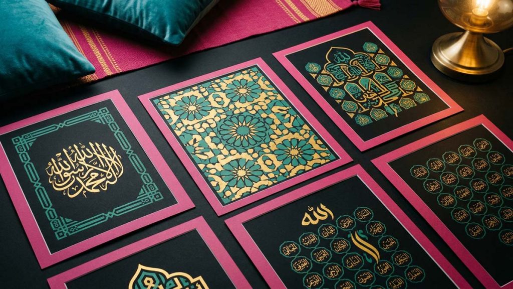 Several Islamic Wall Art prints with calligraphy and geometric designs