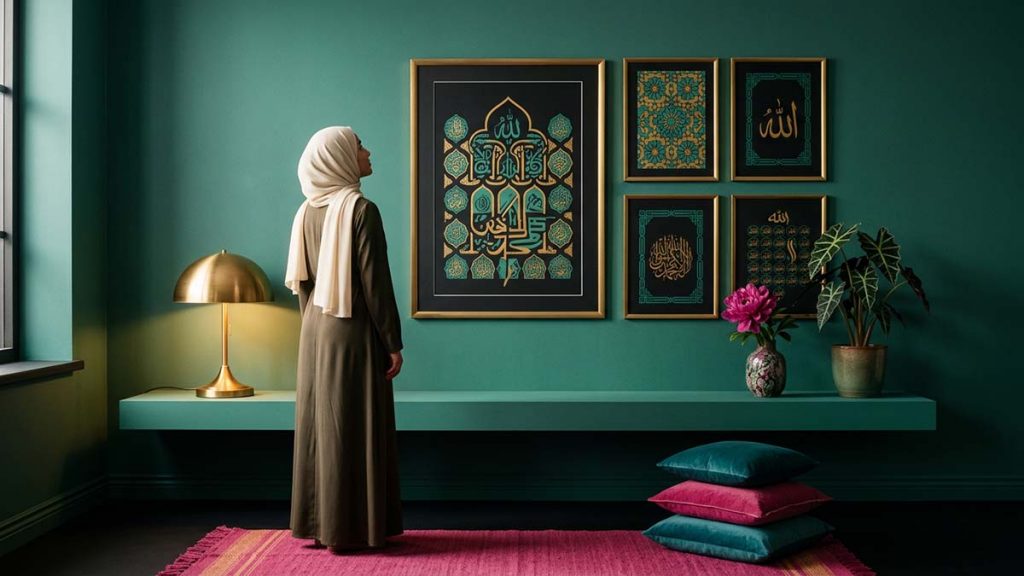 A Muslim woman admiring Islamic Wall Art, beauty and remembrance at home