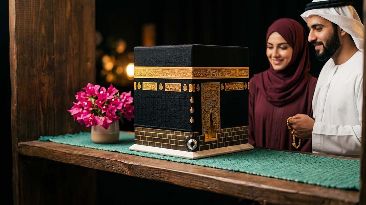A detailed Kaaba Decoration model with its black covering and gold band