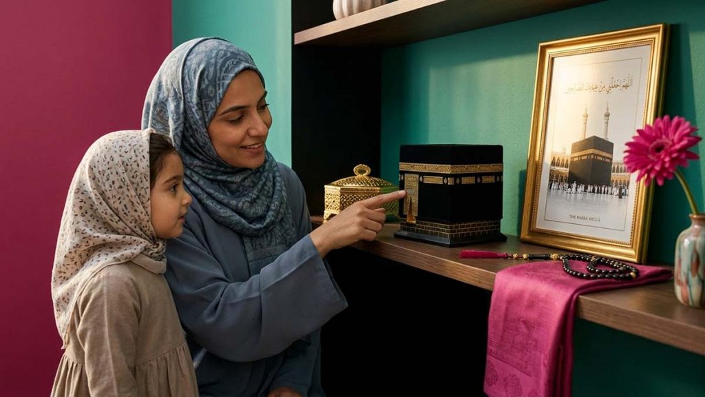 A Muslim parent showing a child a Kaaba Decoration, the Kaaba in Islam