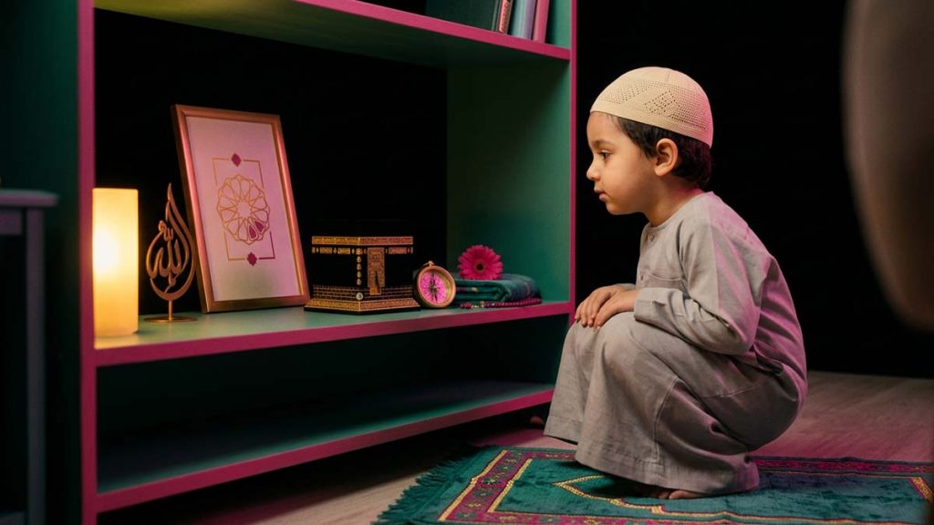 A Muslim child looking at Kaaba Decoration pieces