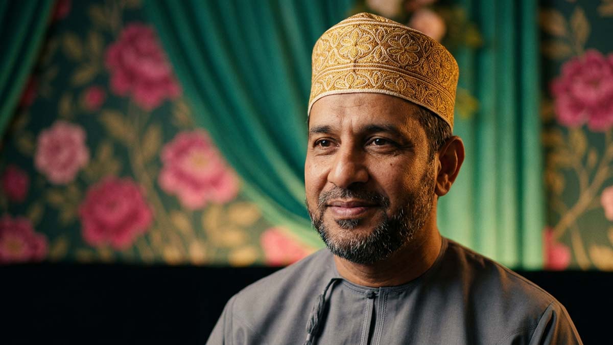 A Muslim man wearing a beautifully embroidered Kufi prayer cap