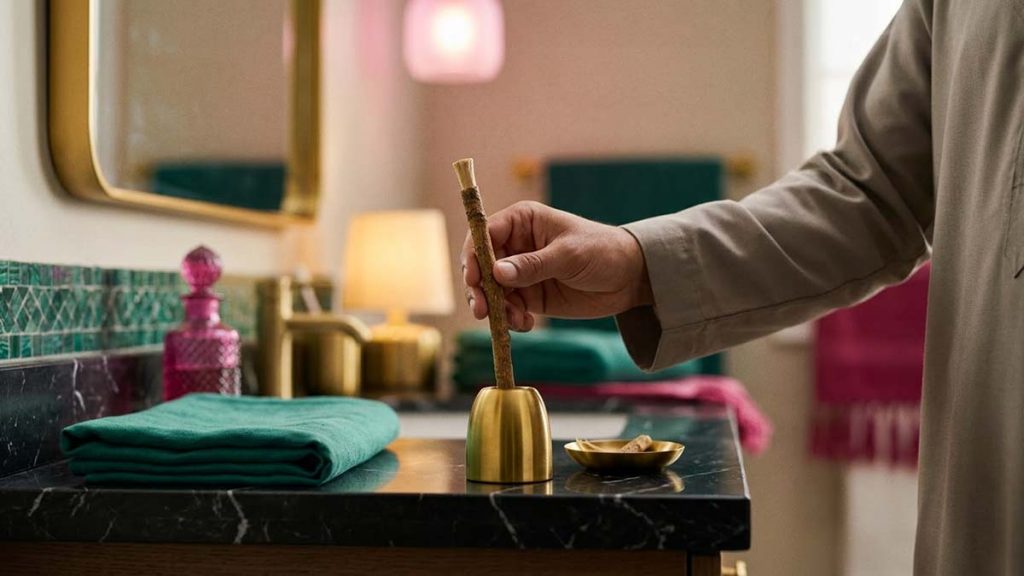 A hand choosing a Muslim Essentials: a Miswak over a modern toothbrush on a black marble shelf