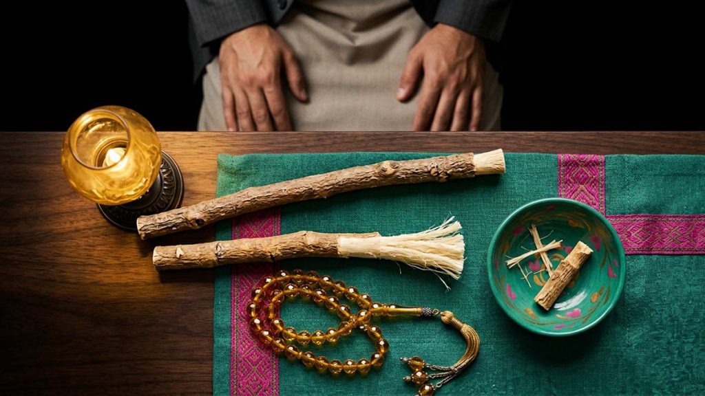 A Miswak resting on an open Arabic book beside gold prayer beads, evoking the Sunnah