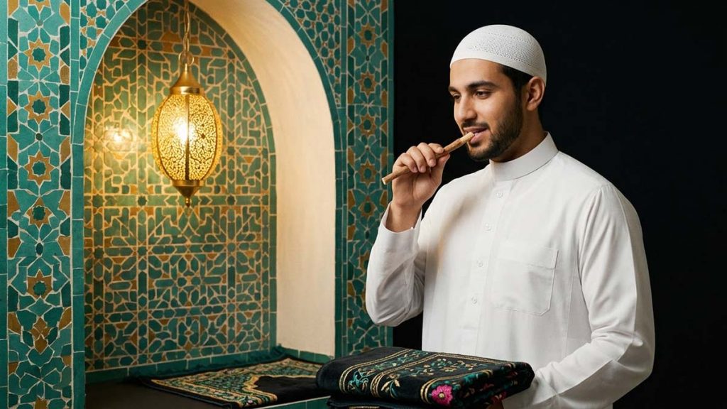 A Muslim man using a Miswak before prayer by a teal-tiled niche, linking cleanliness and worship