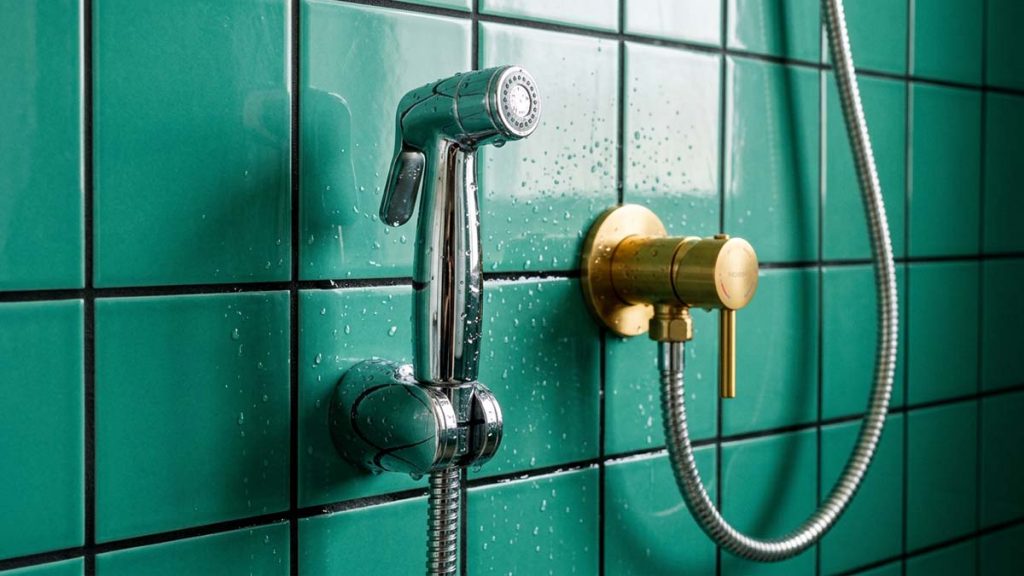 A chrome sprayer in its holder on teal tiles, the Muslim Shower