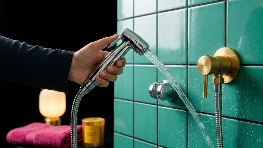 A hand holding the sprayer with water, showing how the Muslim Shower works