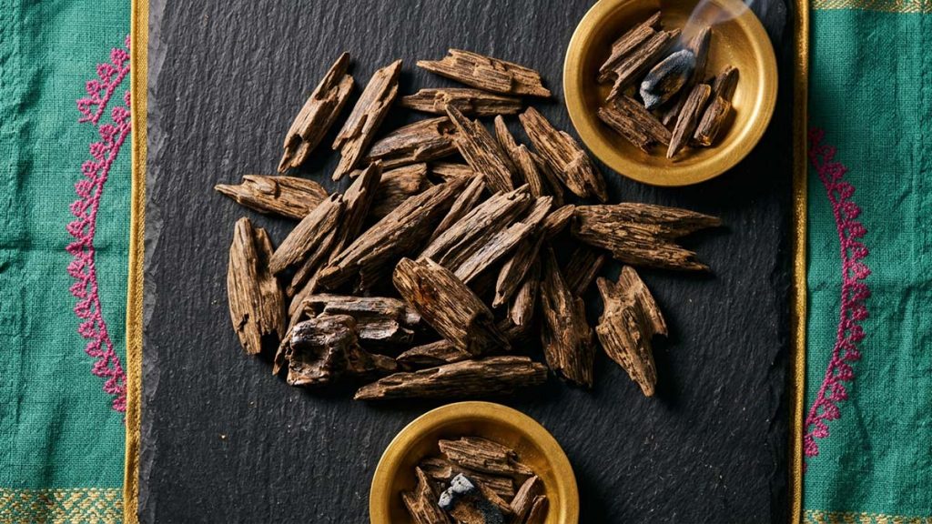 Agarwood Oud chips of varied size spread on a black slate