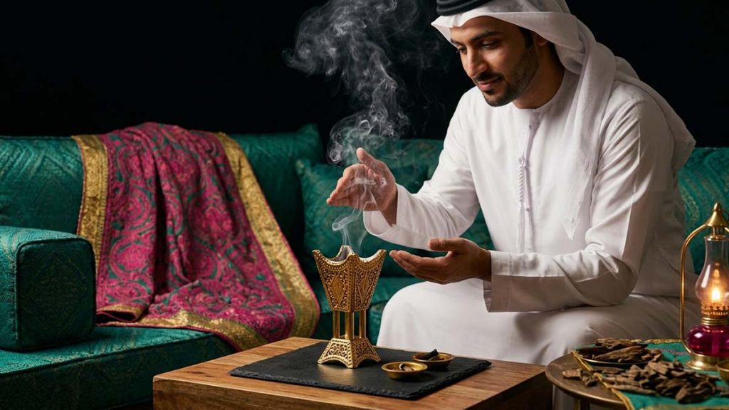 A Muslim man using Oud smoke from an ornate burner
