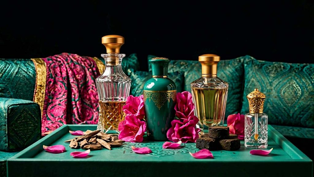 Oud chips, an attar bottle and bakhoor blocks arranged together