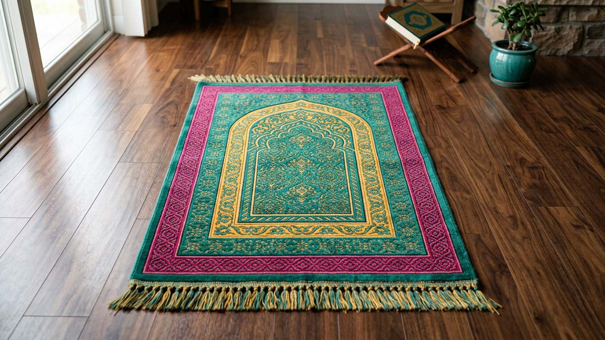 A beautifully patterned Prayer Mat with a mihrab arch design, for daily salah