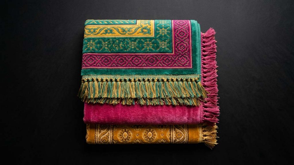 Three folded Prayer Mats of different patterns stacked neatly