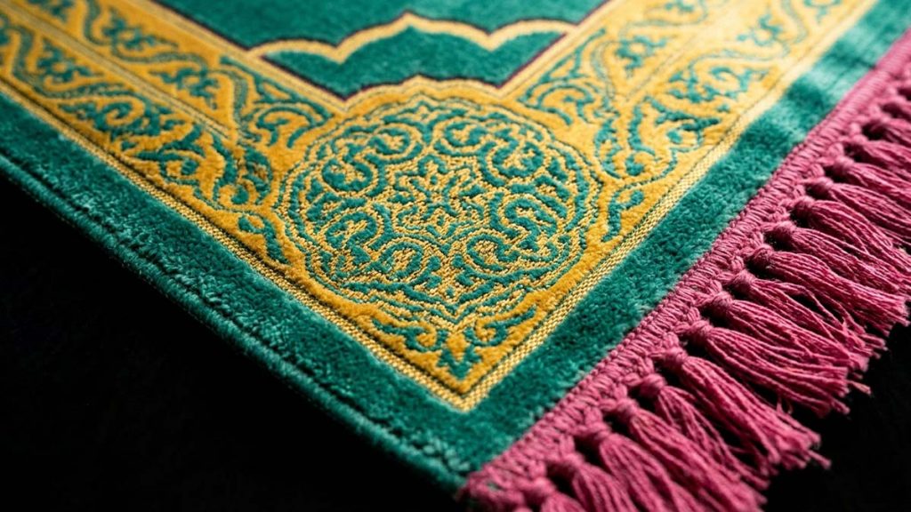 Close detail of a Prayer Mat's woven medallion and tassels