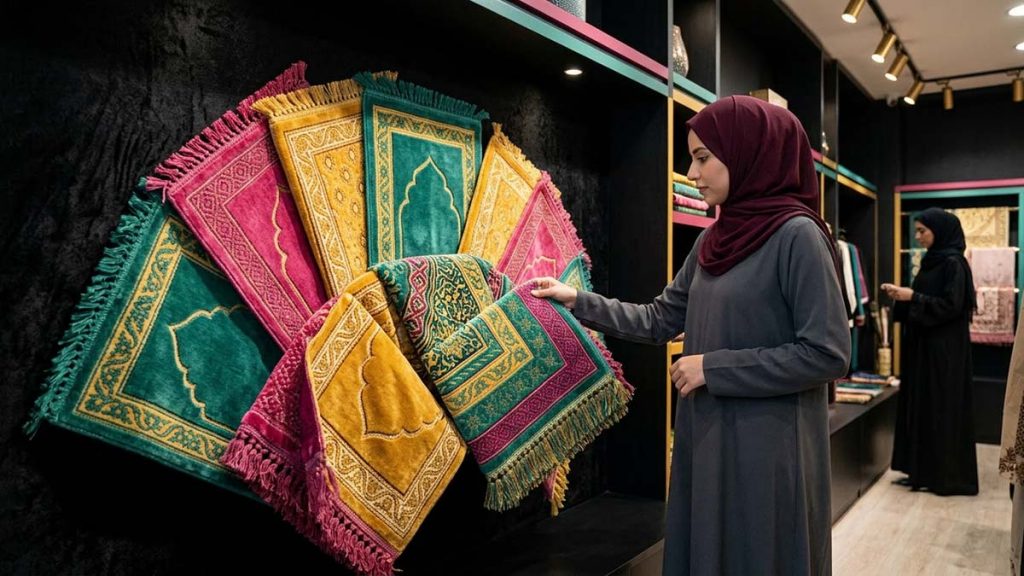 A Muslim woman choosing a Prayer Mat from a colourful display