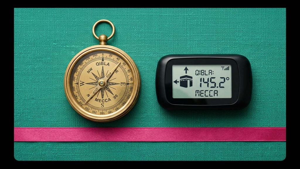 A brass Qibla Compass beside a modern digital qibla finder