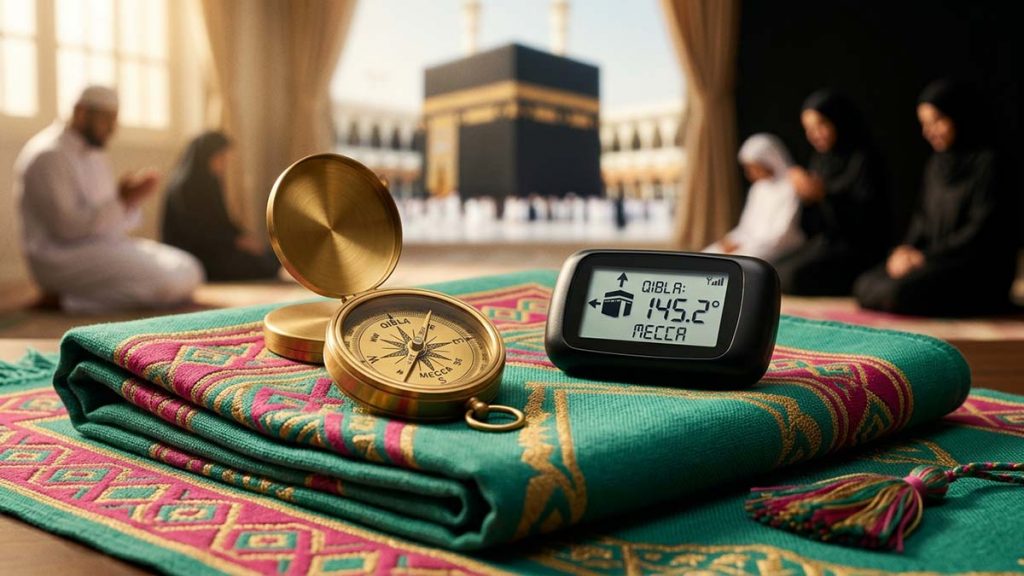 A Qibla Compass on a prayer mat pointing toward the Kaaba