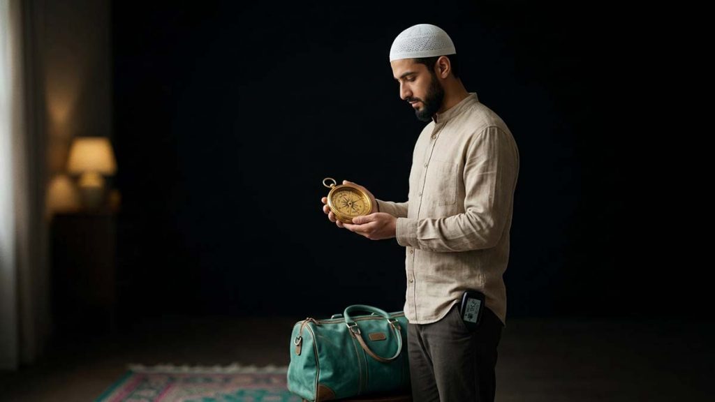 A Muslim man using a Qibla Compass to find the prayer direction