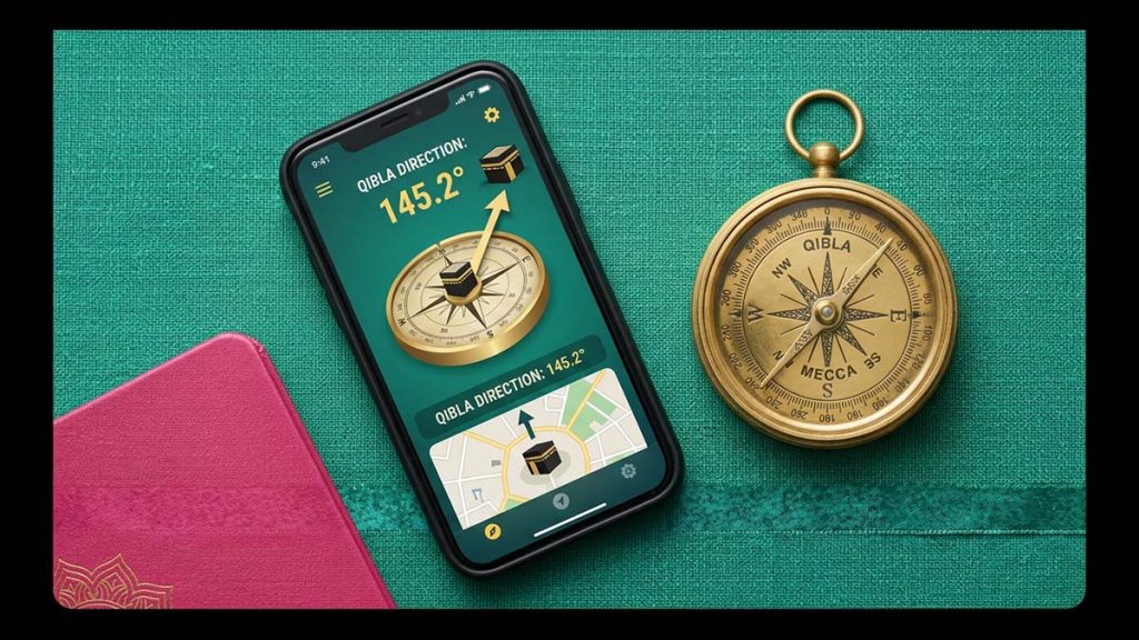 A smartphone Qibla Compass app beside a classic brass compass