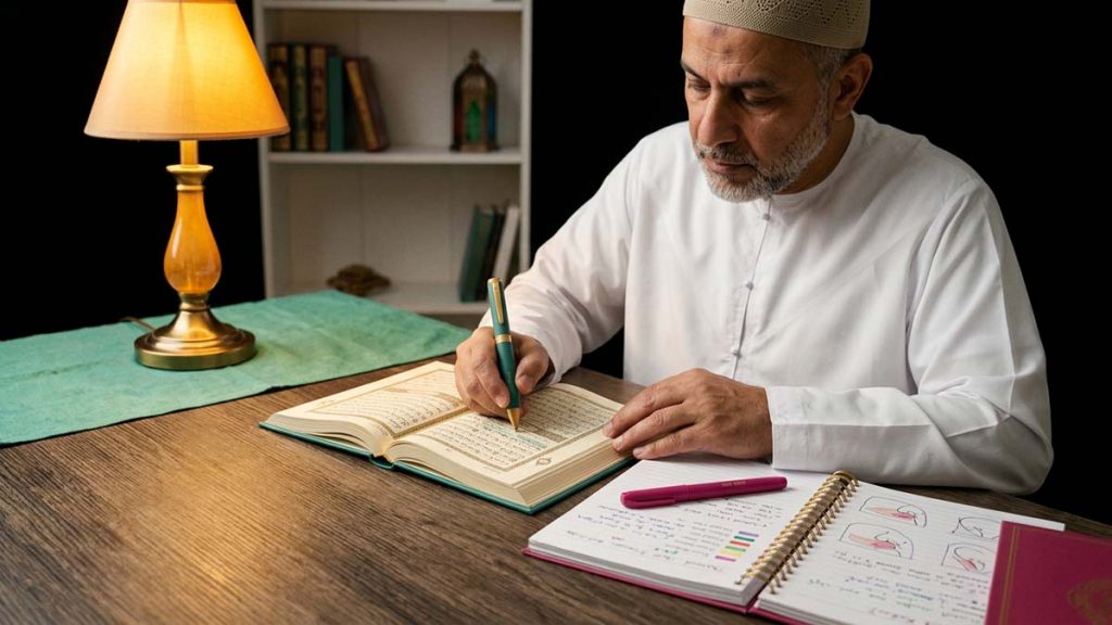 A Muslim man using a Quran Reading Pen to learn recitation