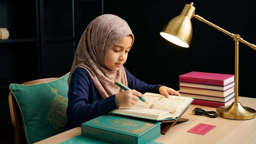 A Muslim child using a Quran Reading Pen at a study desk