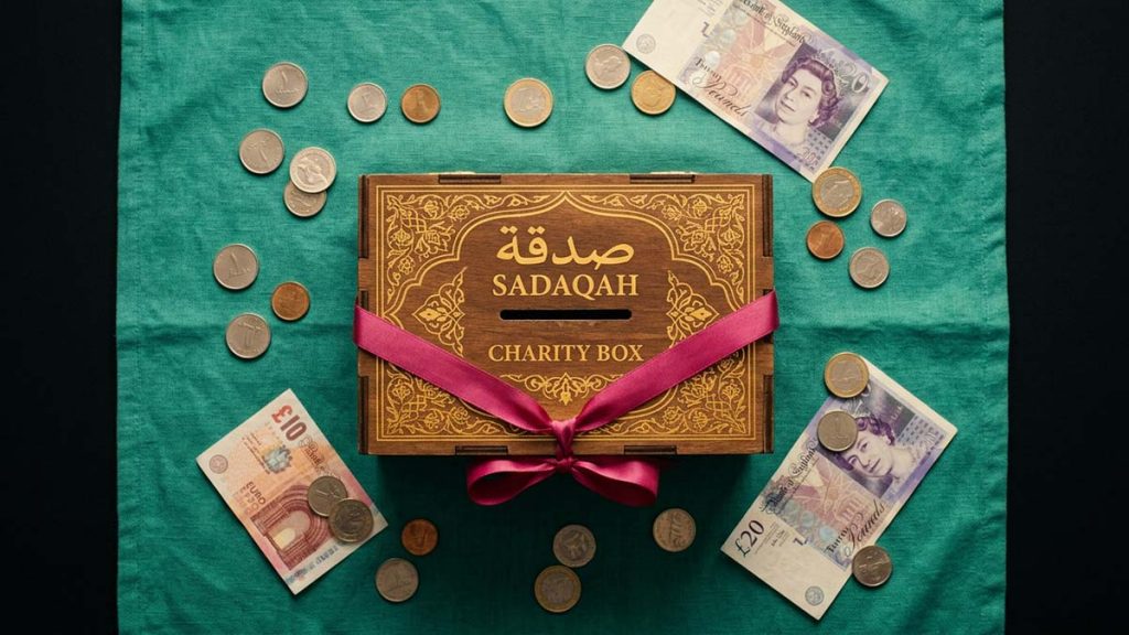 A Sadaqah Box with scattered coins and notes