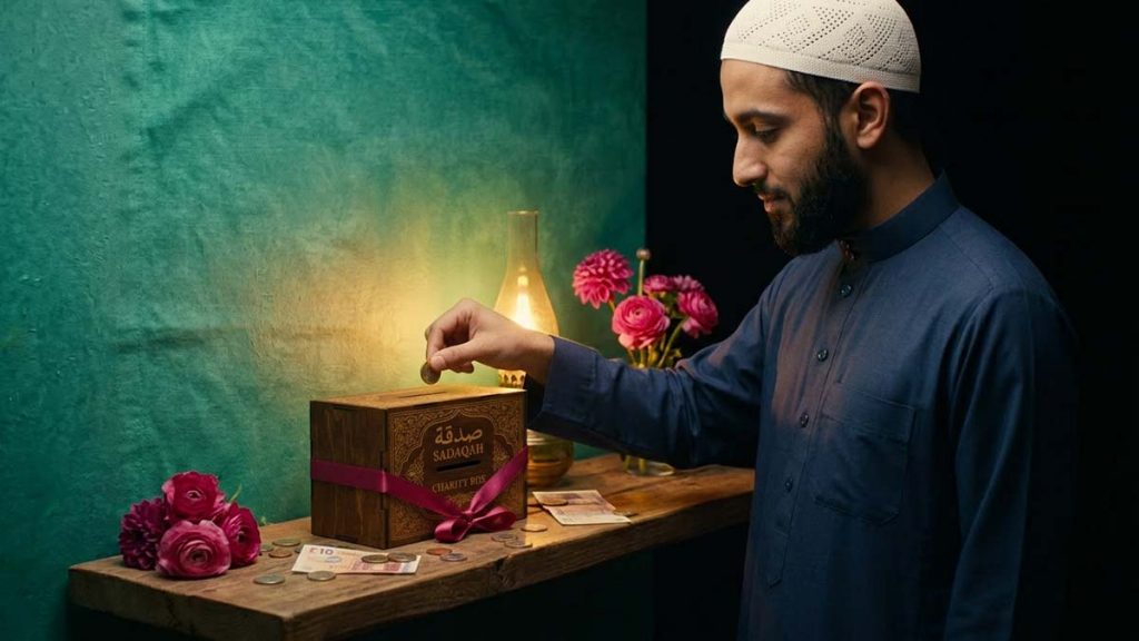 A Muslim man giving into a Sadaqah Box, giving regularly