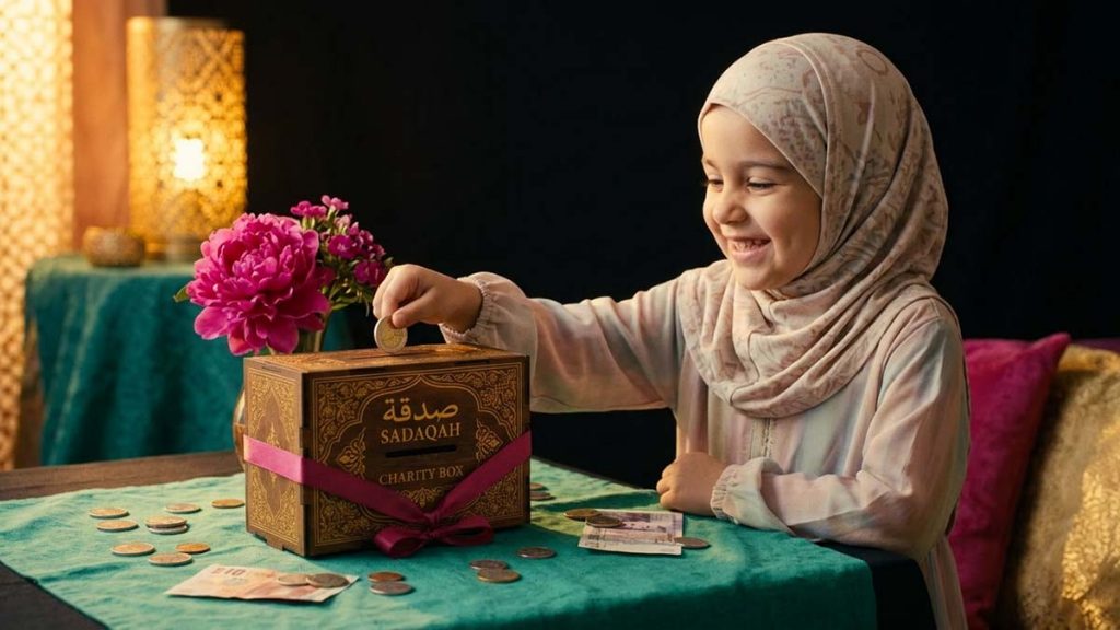 A Muslim child posting a coin into a Sadaqah Box, learning to give