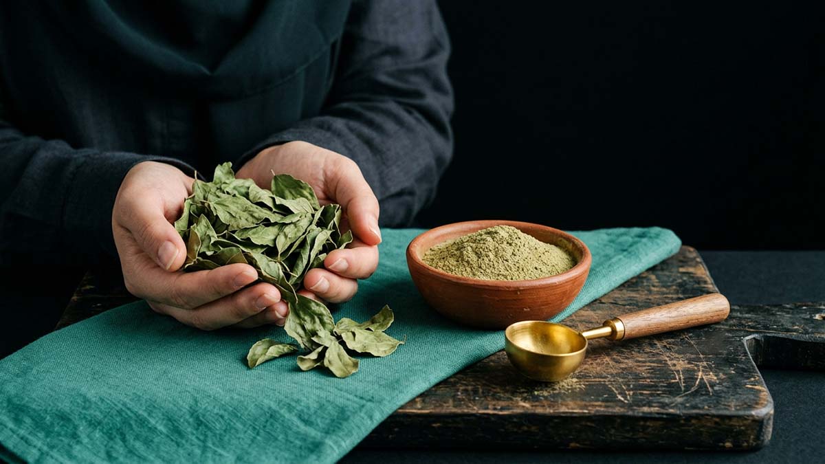 Dried Sidr Leaves and powder on teal linen, the blessed lote-tree leaves used in Islam
