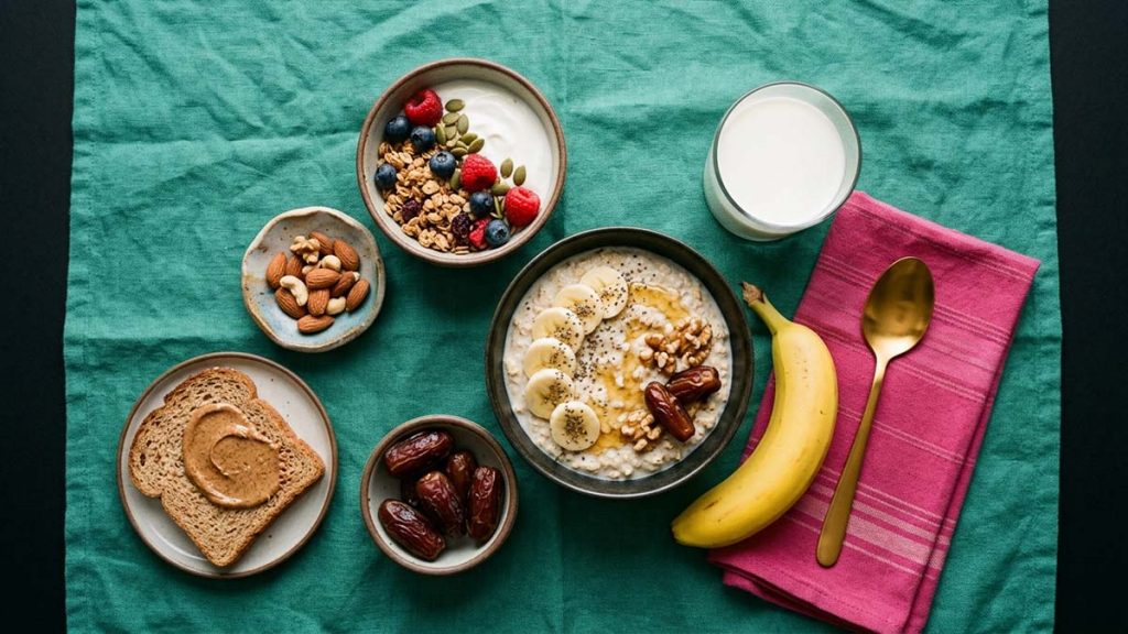 Suhoor Essentials in bowls including oats, dates and milk