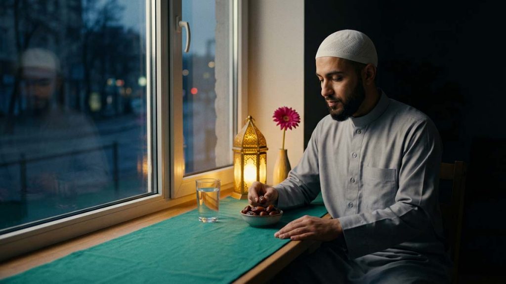 A Muslim man eating Suhoor Essentials in soft pre-dawn light