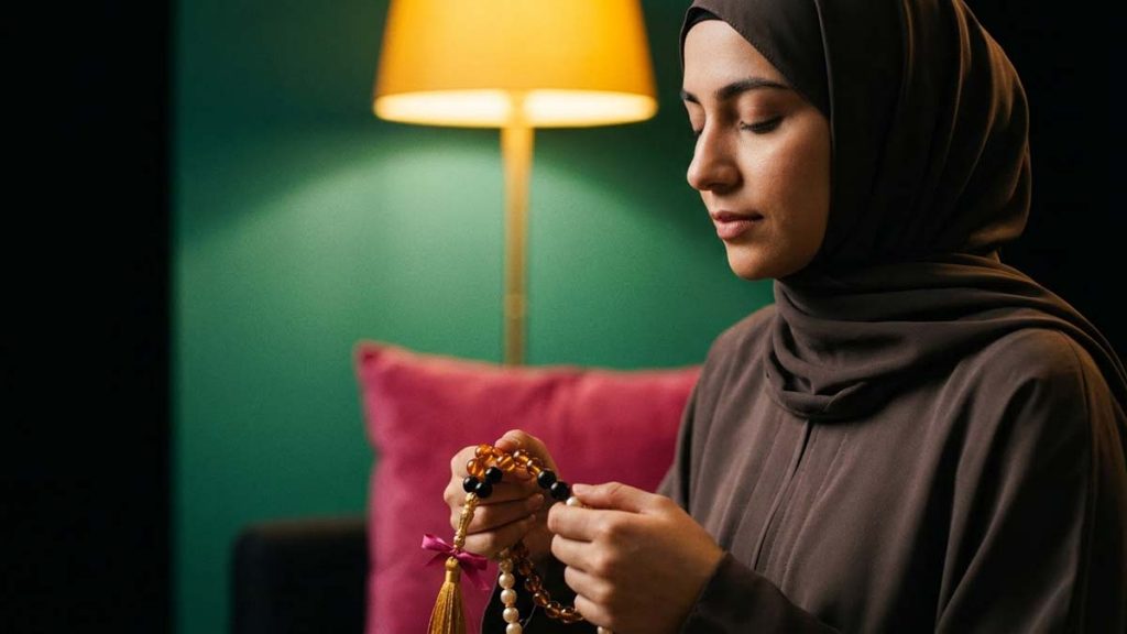 A Muslim woman making dhikr on a Tasbih, the power of remembrance