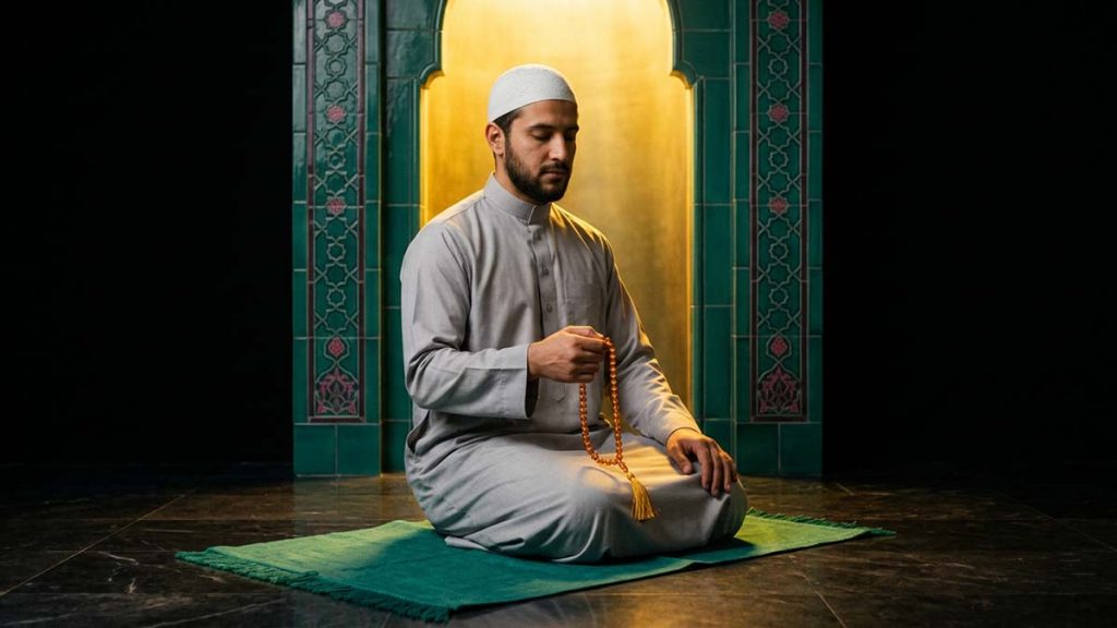 A Muslim man making dhikr on a Tasbih after prayer